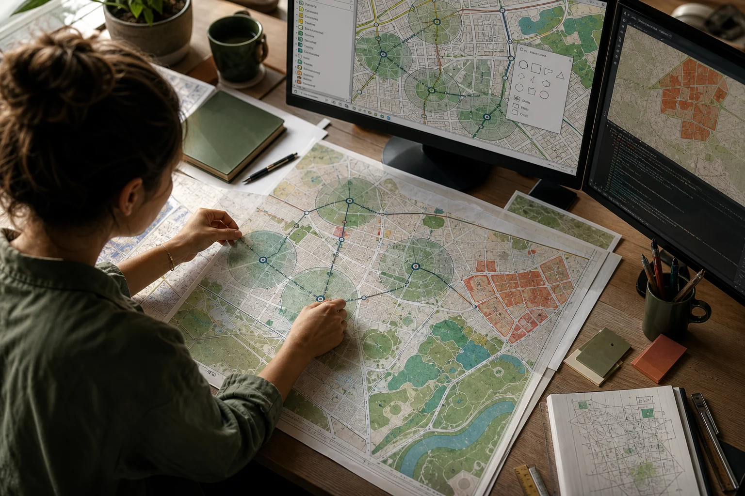 GIS-аналитик сопоставляет карту городских кварталов, остановок и зон доступности на большом рабочем столе.