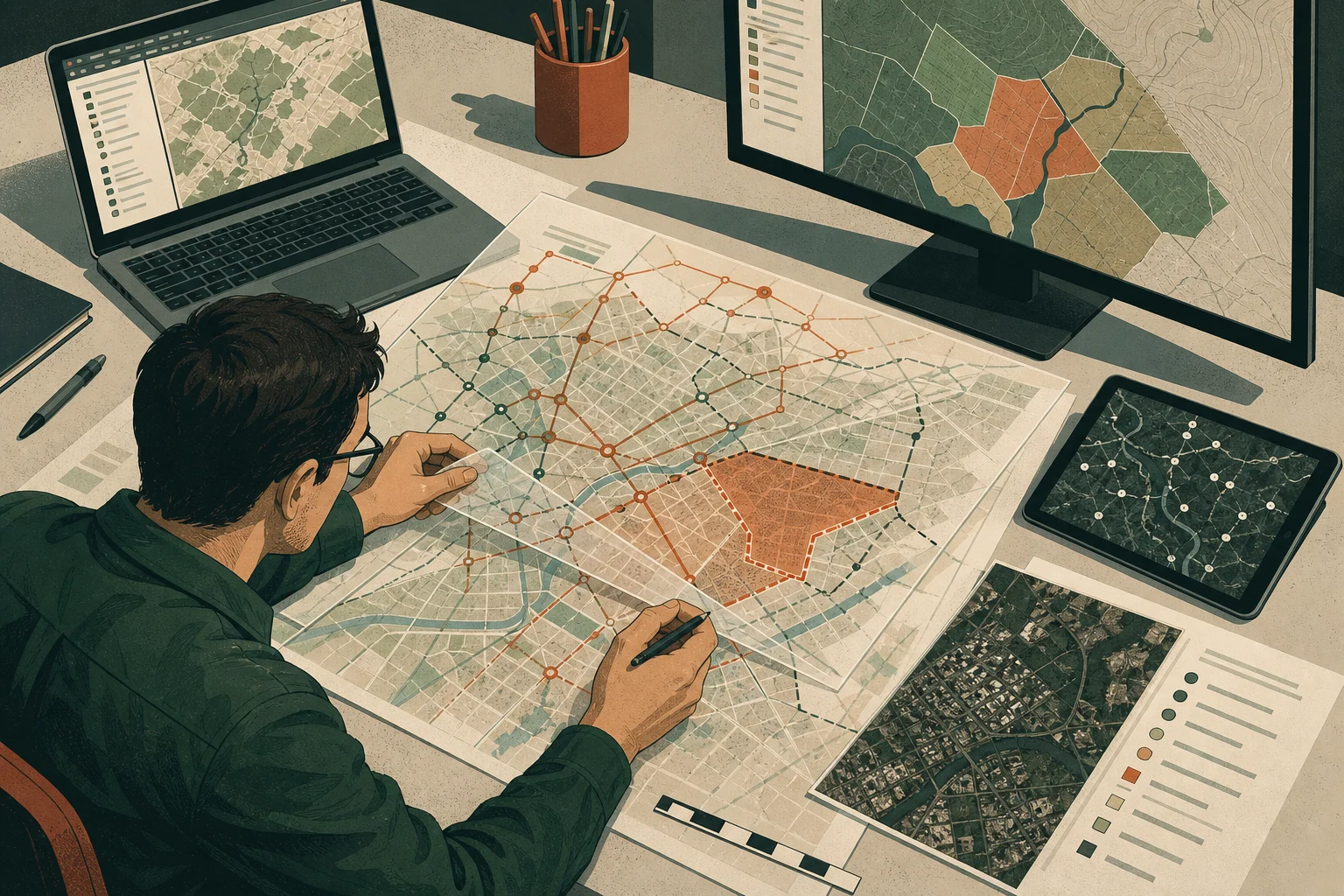 GIS-аналитик сопоставляет слои городской инфраструктуры на большой карте и проверяет пространственные связи.