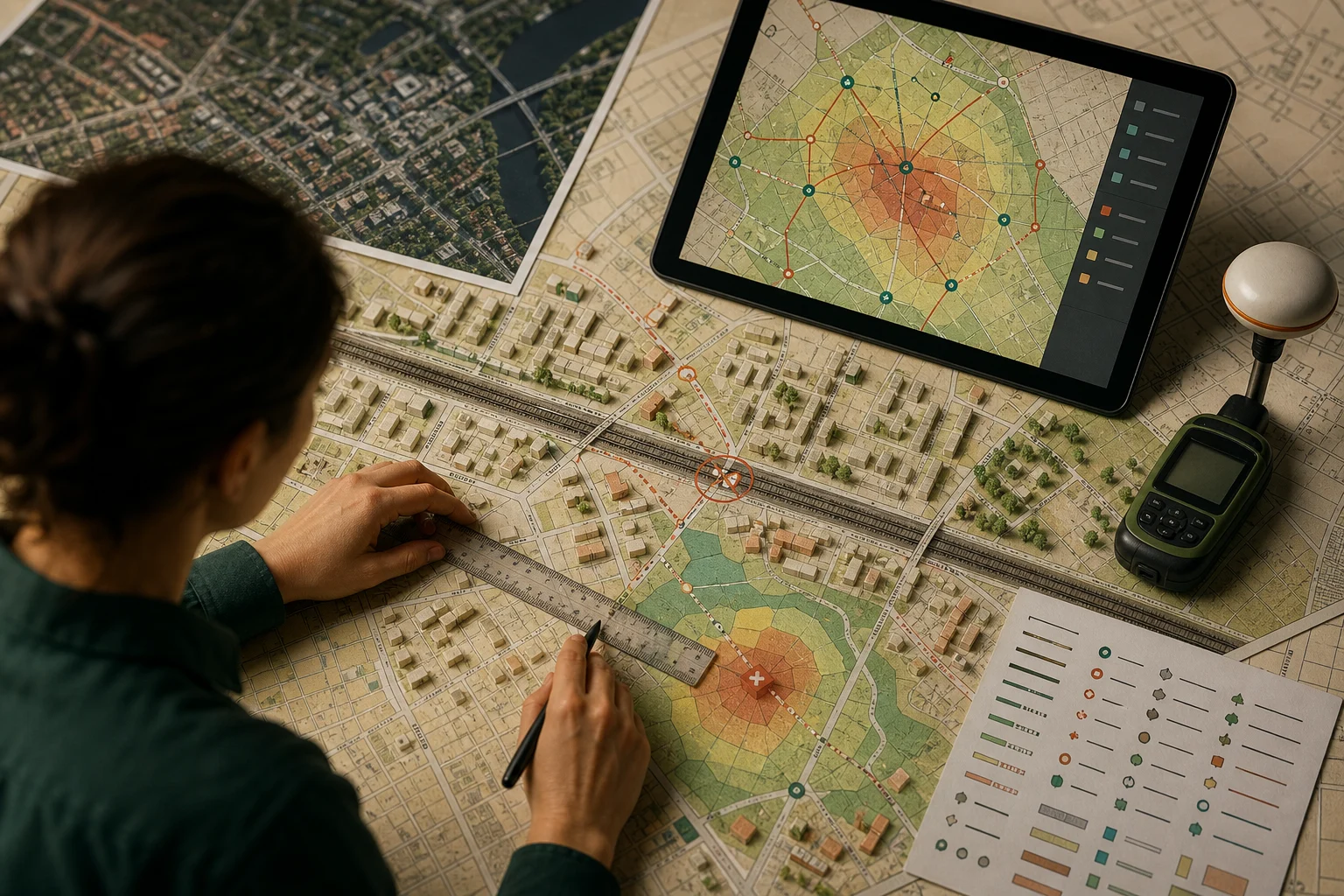 GIS-аналитик сопоставляет зоны пешей доступности на карте с дорогами, железной дорогой и жилыми кварталами.