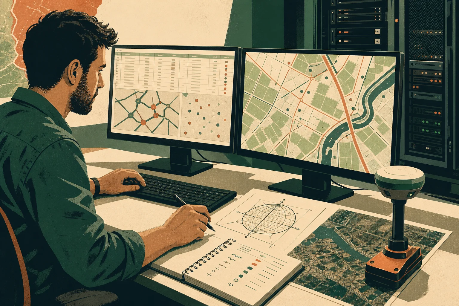 GIS-аналитик проверяет ошибки геометрии и атрибутов пространственных данных на двух мониторах.