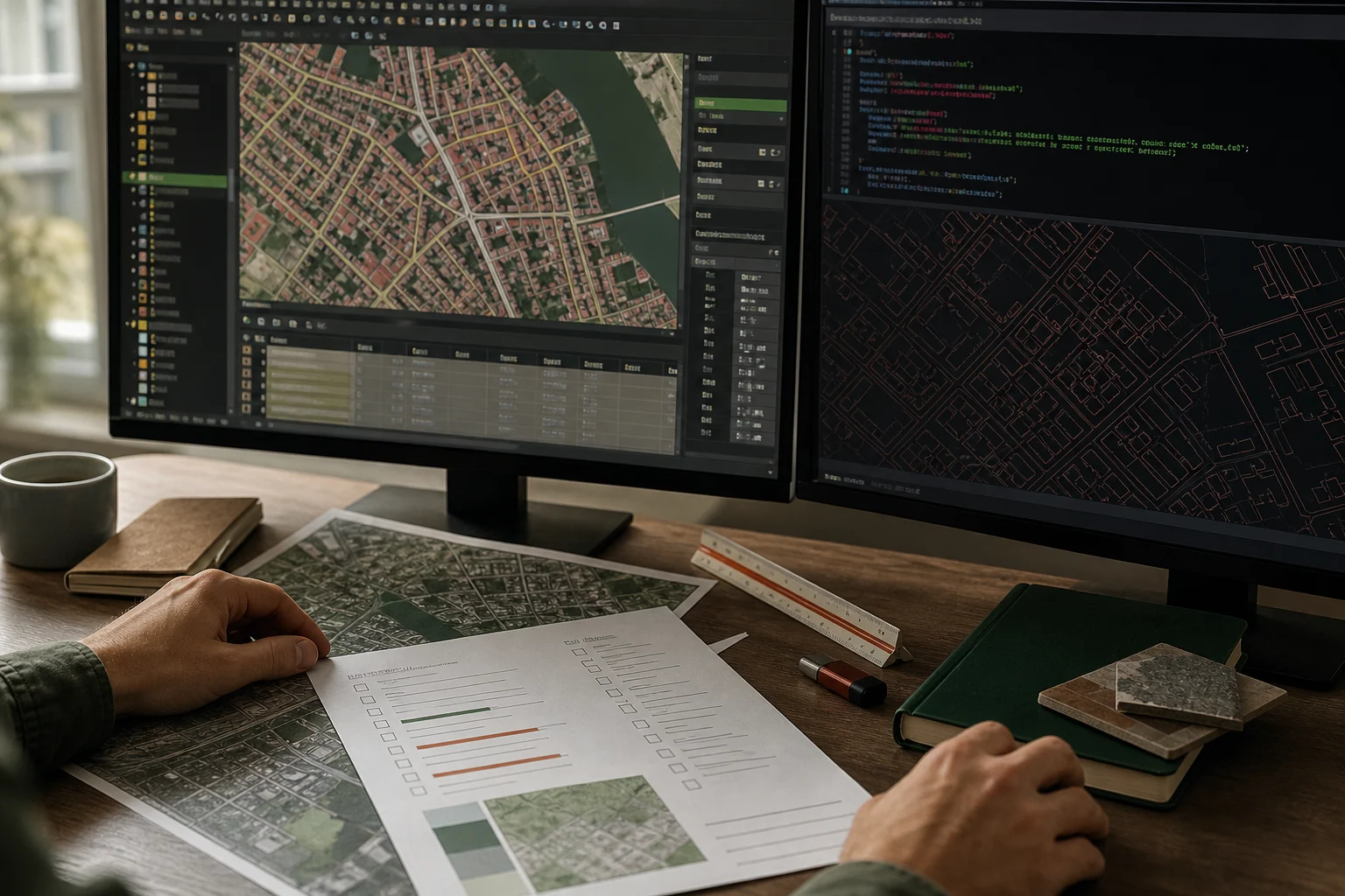 Рабочее место с QGIS, таблицей атрибутов и пространственным SQL-запросом.