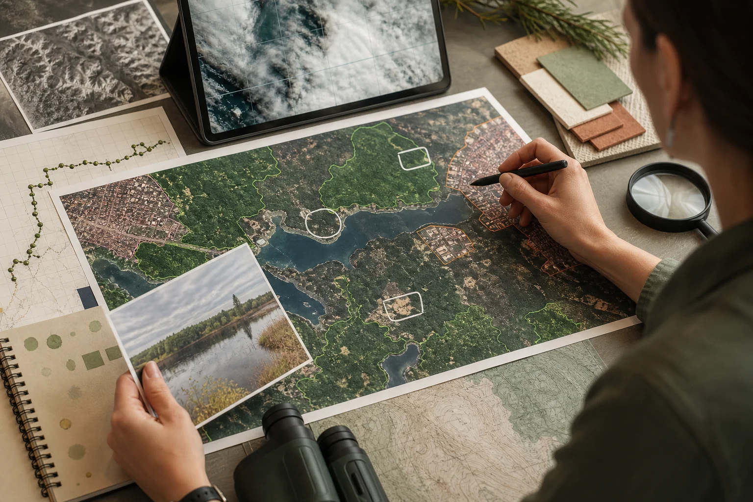 GIS-аналитик сверяет автоматически классифицированный спутниковый снимок с GPS-треками и полевыми данными.