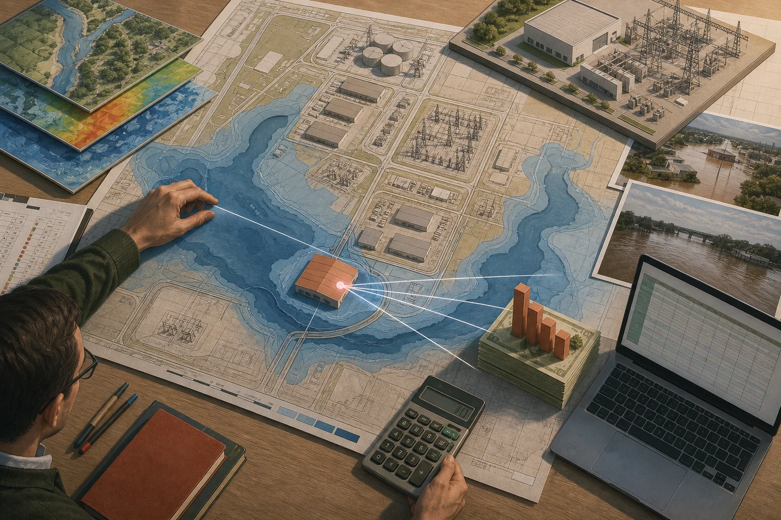 Аналитик сопоставляет карту риска наводнений с планом промышленных объектов и таблицей финансовой подверженности.