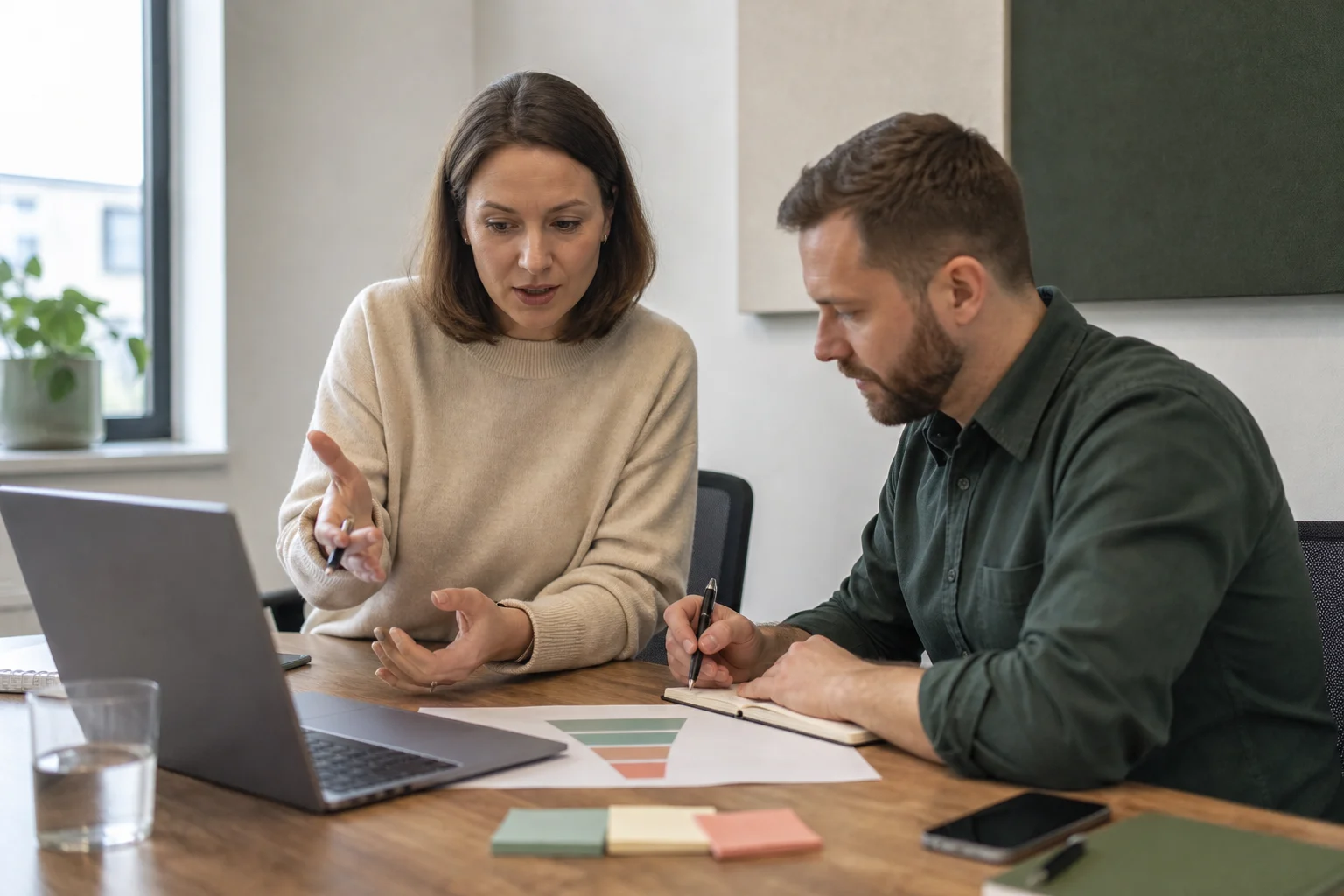 Специалист по внедрению CRM обсуждает с менеджером схему процесса продаж за рабочим столом