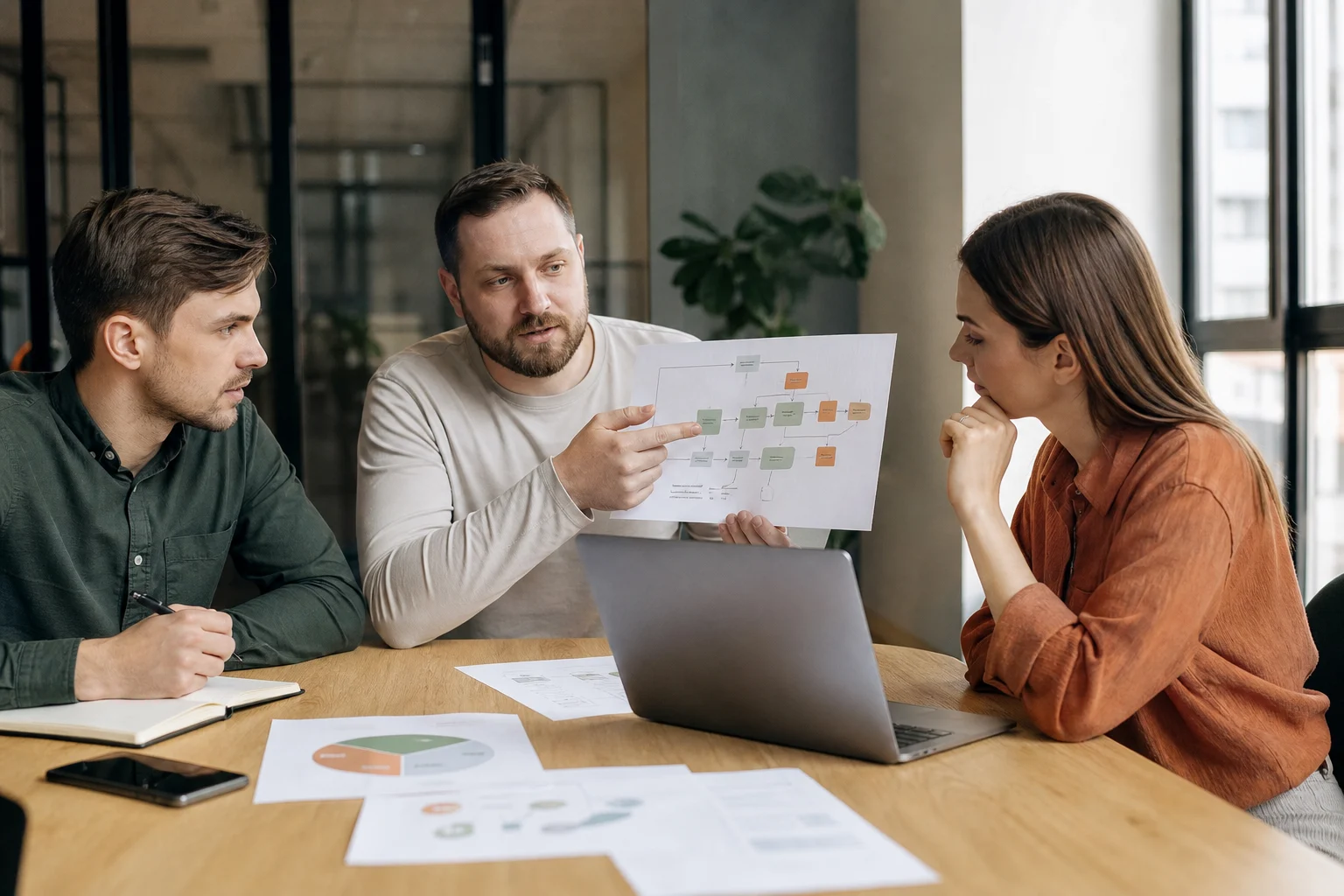 CRM-интегратор обсуждает процесс обработки заявок с сотрудниками отдела продаж в переговорной.
