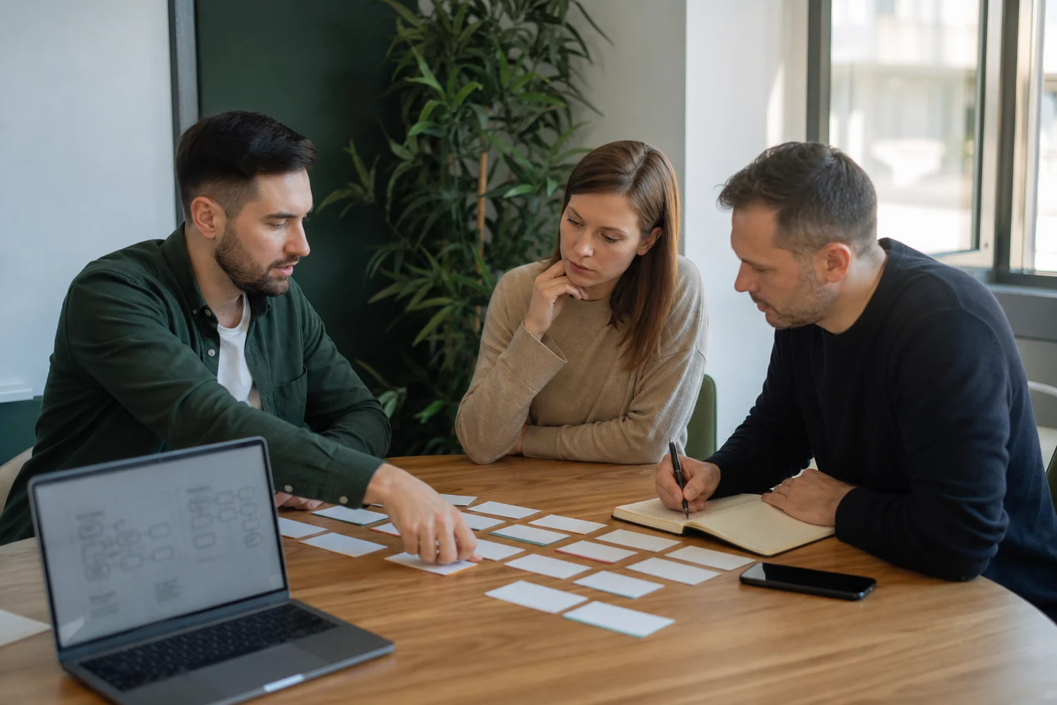 CRM-интегратор и сотрудники компании совместно разбирают этапы обработки клиентской заявки за столом в переговорной.