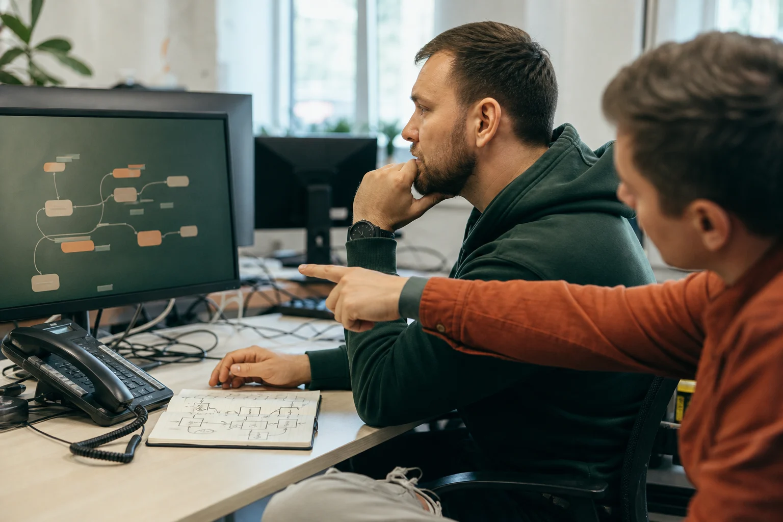 Специалист по CRM и коллега проверяют интеграцию телефонии и внешней системы.