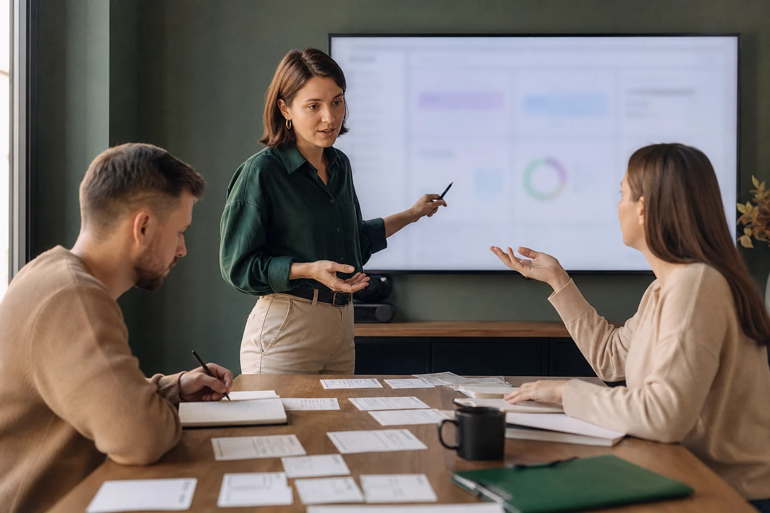 CRM-специалист обучает двух менеджеров работе с новым процессом и отвечает на их вопросы.