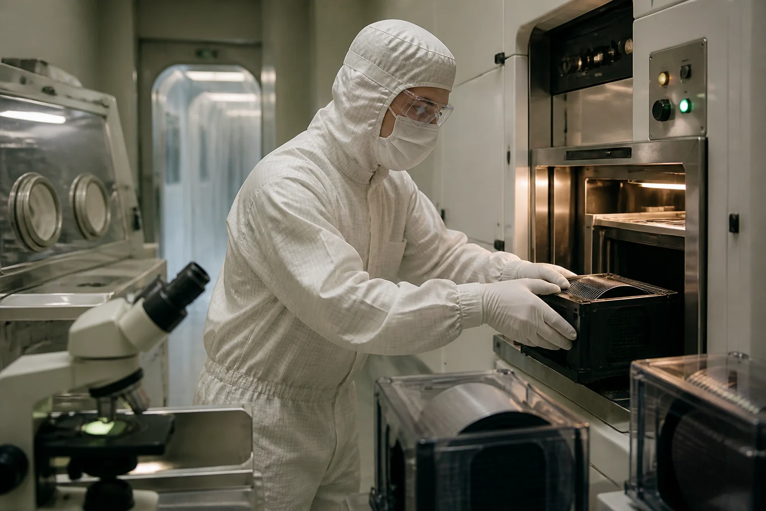 Техник в чистом помещении загружает кремниевую пластину в технологическую установку производства микросхем.