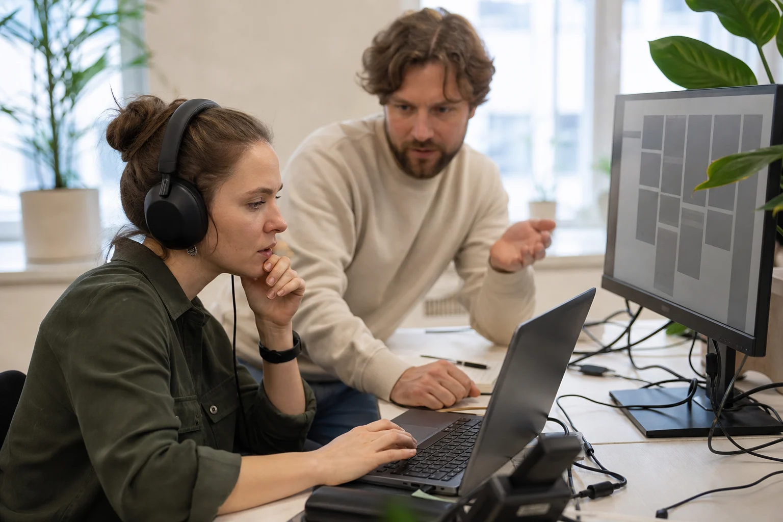 QA-специалистка в наушниках тестирует интерфейс со скринридером, пока разработчик наблюдает за проверкой.