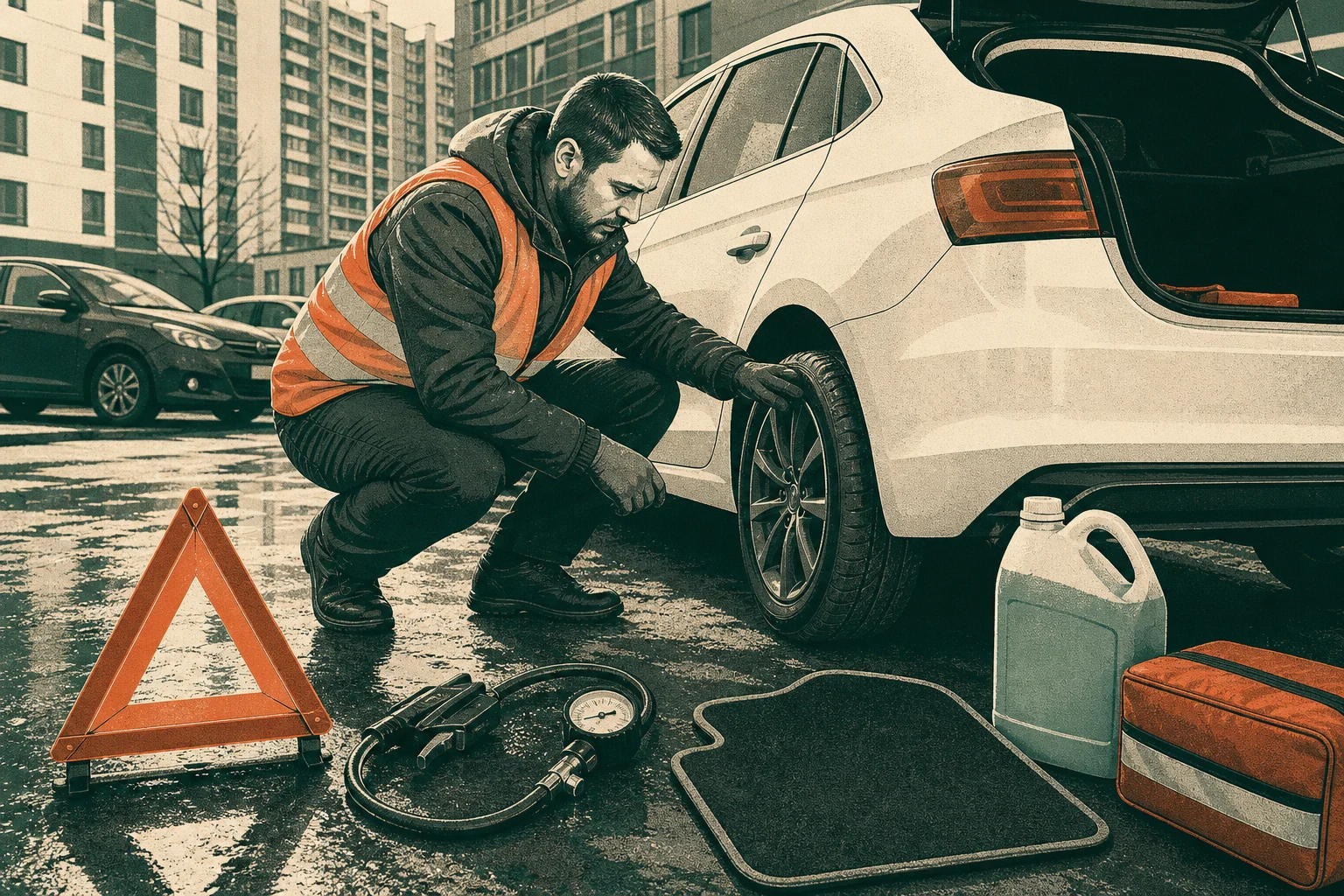 Водитель такси проверяет колесо автомобиля манометром рядом с аптечкой и аварийным знаком.