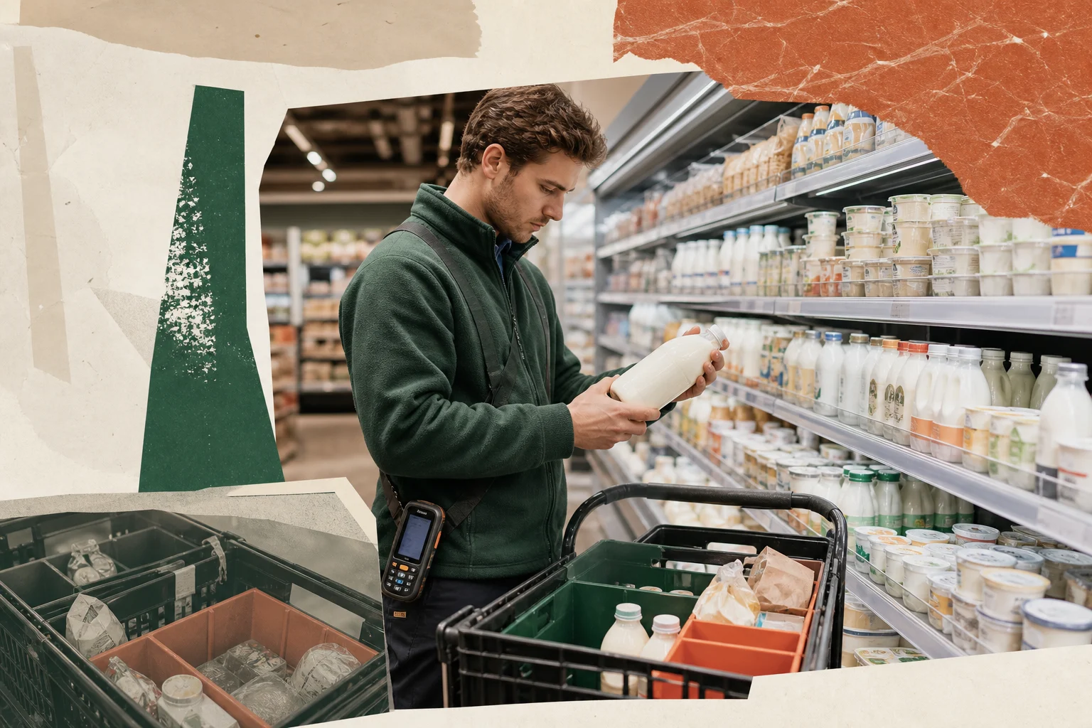 Сборщик проверяет упаковку и срок годности молочного продукта перед добавлением в заказ.