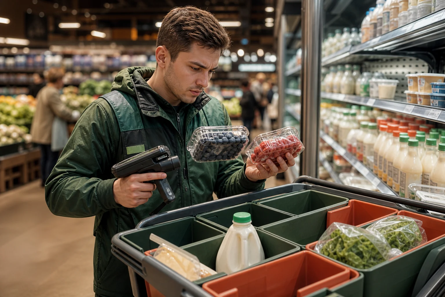 Сборщик заказов проверяет качество продуктов и сканирует товар у тележки в магазине.
