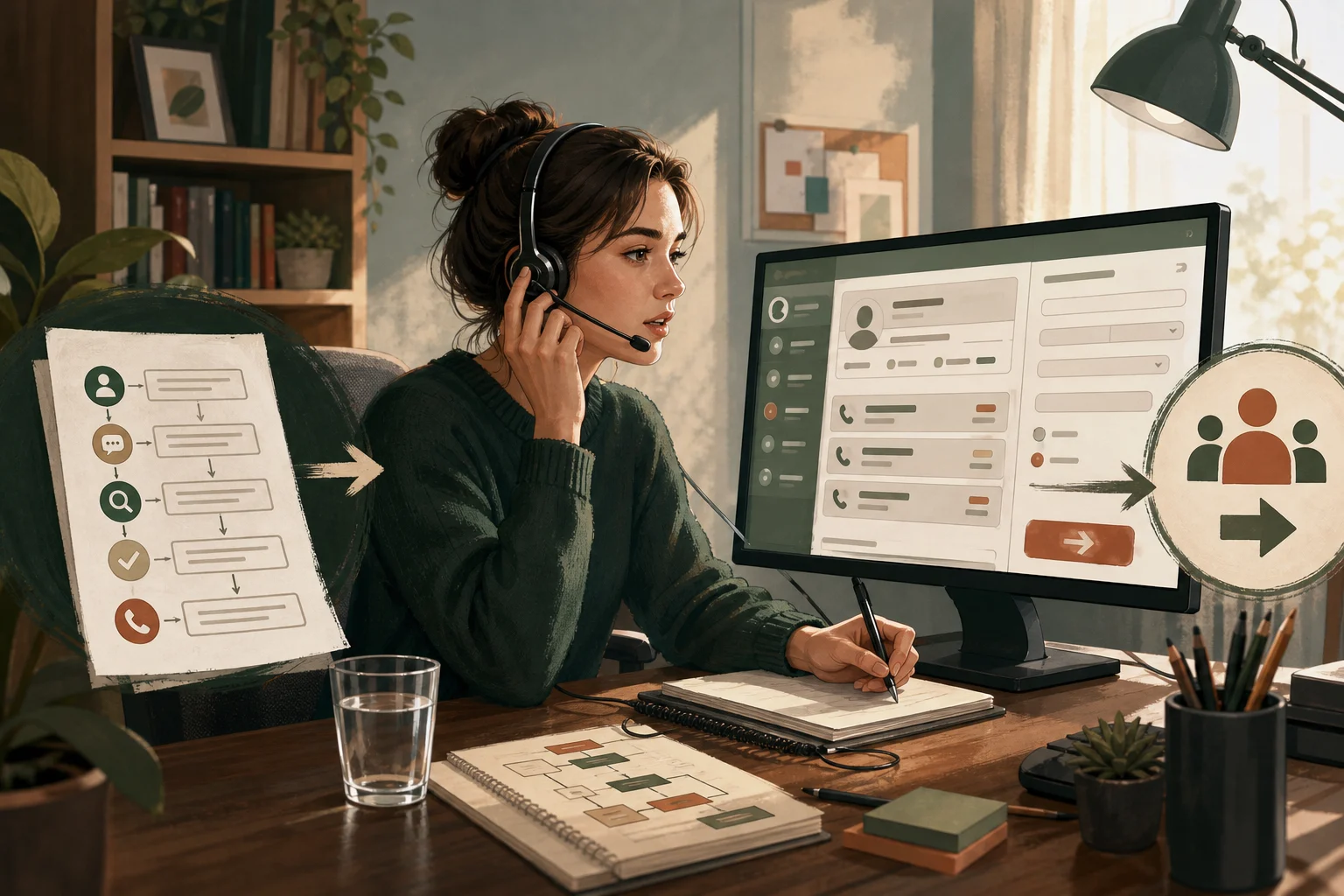 Оператор контактного центра в гарнитуре фиксирует обращение клиента в CRM во время телефонного звонка.