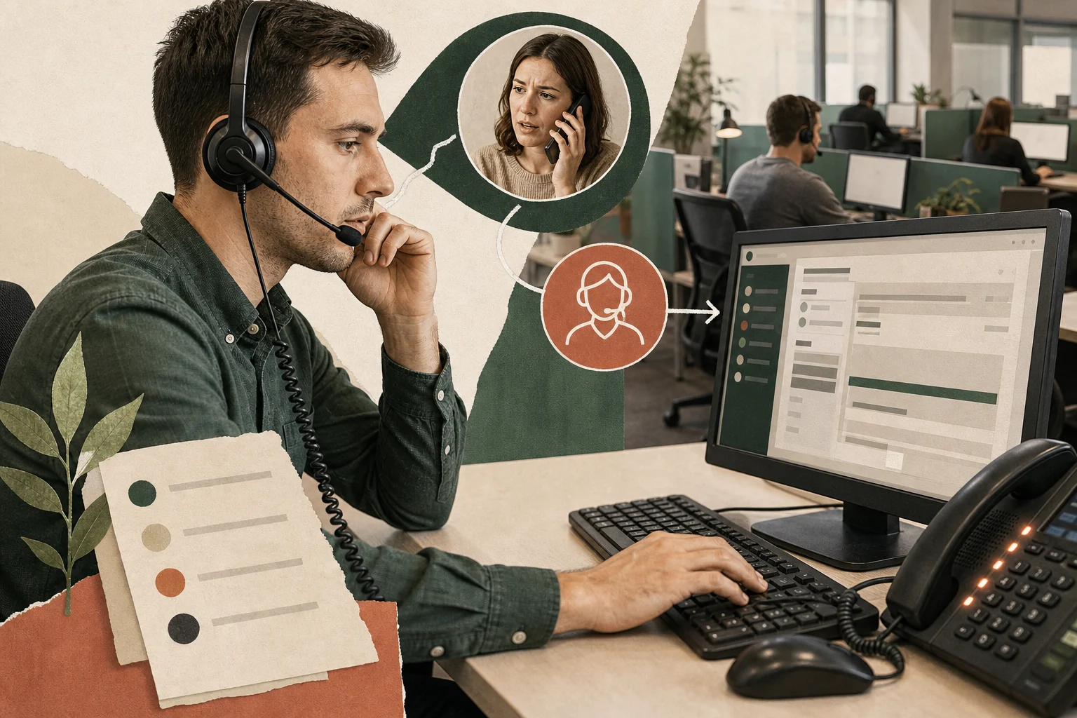 Оператор контактного центра в гарнитуре фиксирует обращение клиента в CRM во время телефонного разговора.