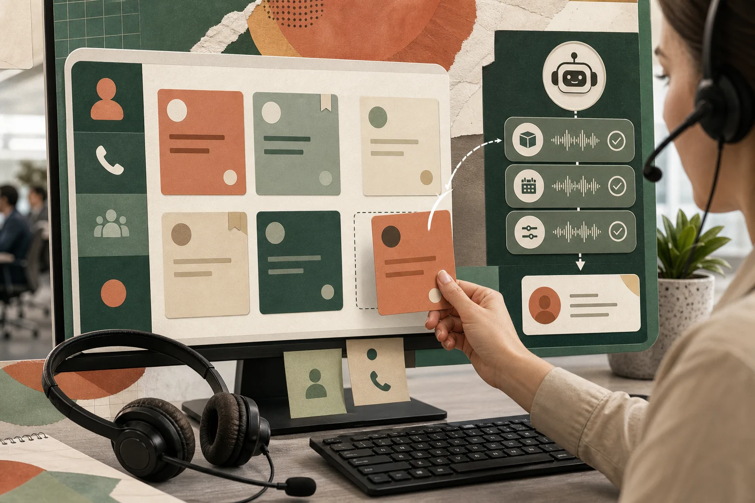 Рабочее место оператора call-центра с гарнитурой, CRM-карточками и голосовым роботом, который сортирует простые обращения.