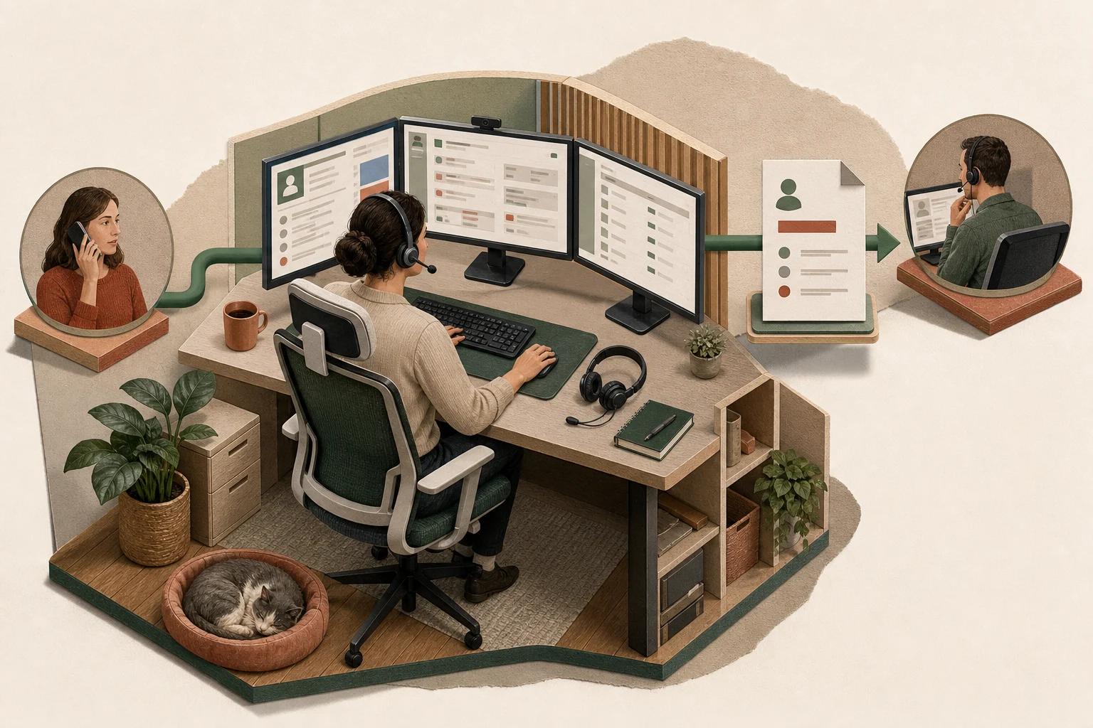 Схема процесса: звонок клиента, работа оператора в CRM и передача сложного обращения специалисту.