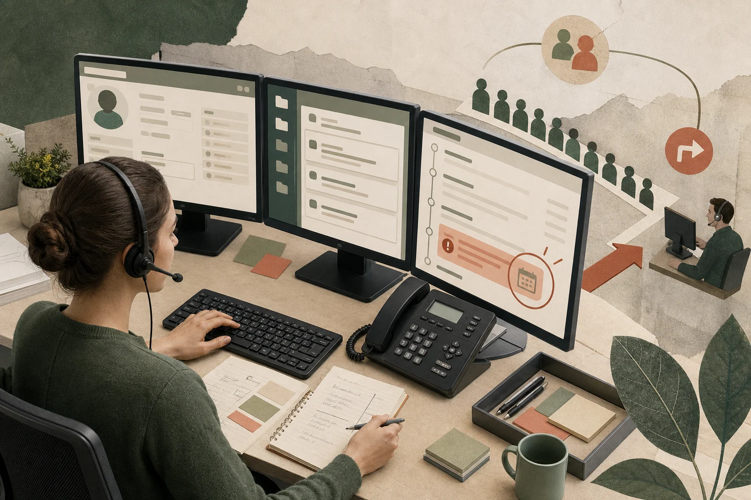 Оператор в гарнитуре сверяет автоматически созданное резюме звонка с CRM и базой знаний.