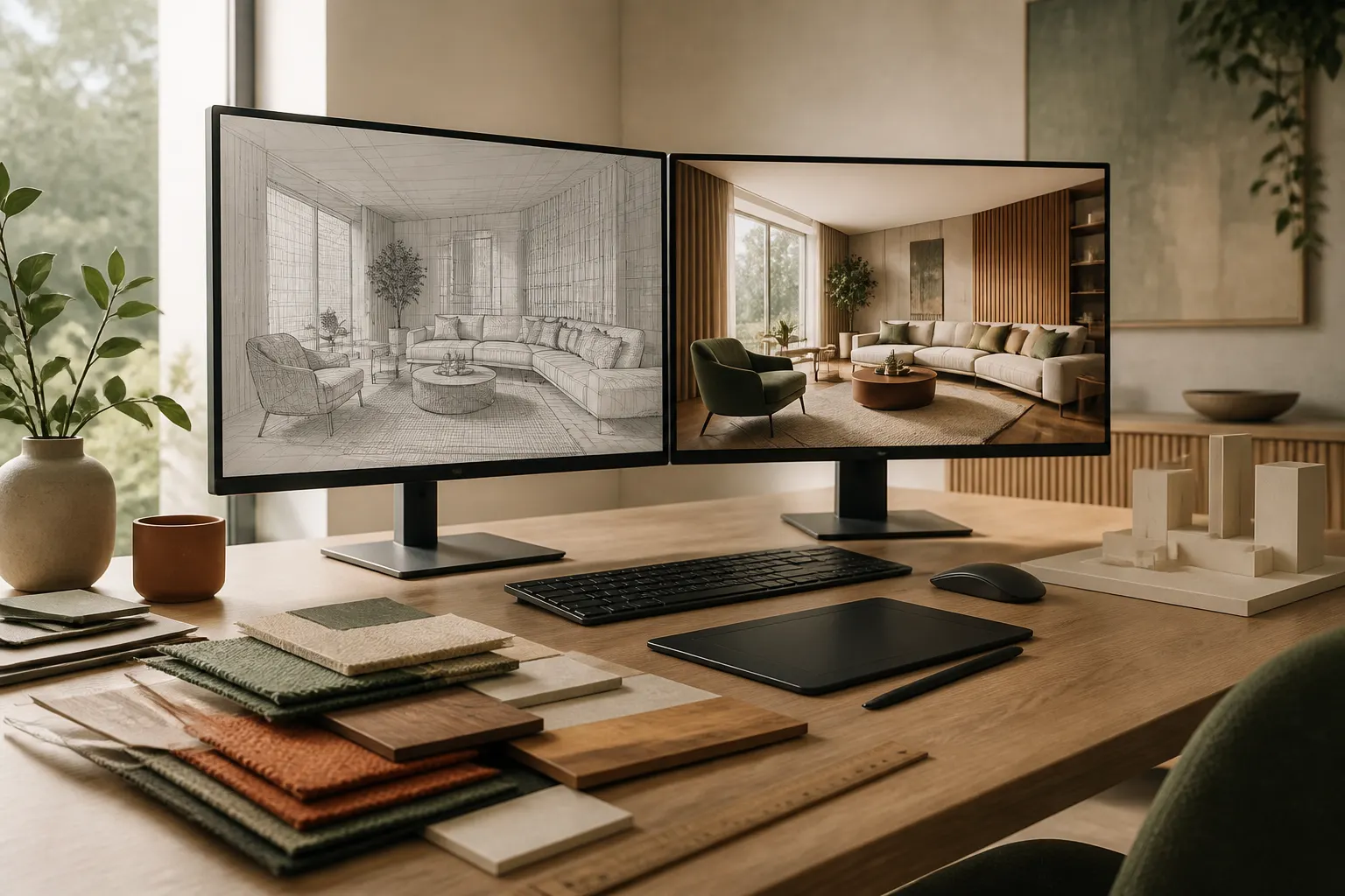 3D-художник работает над сценой интерьера, где цифровая модель постепенно превращается в реалистичный рендер