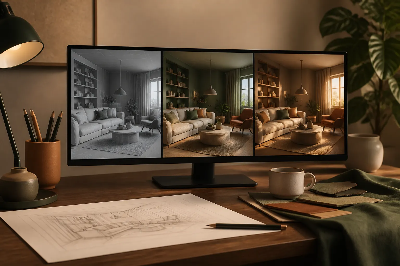 Три этапа работы над одной 3D-сценой: геометрия, материалы и финальный реалистичный рендер